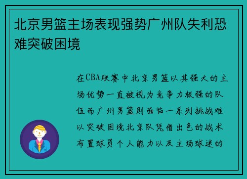 北京男篮主场表现强势广州队失利恐难突破困境