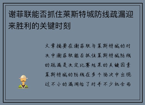 谢菲联能否抓住莱斯特城防线疏漏迎来胜利的关键时刻