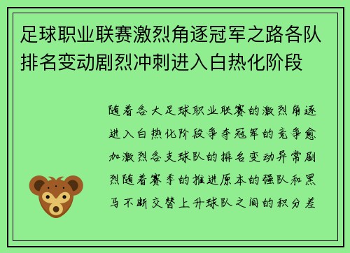 足球职业联赛激烈角逐冠军之路各队排名变动剧烈冲刺进入白热化阶段