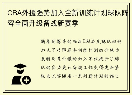 CBA外援强势加入全新训练计划球队阵容全面升级备战新赛季