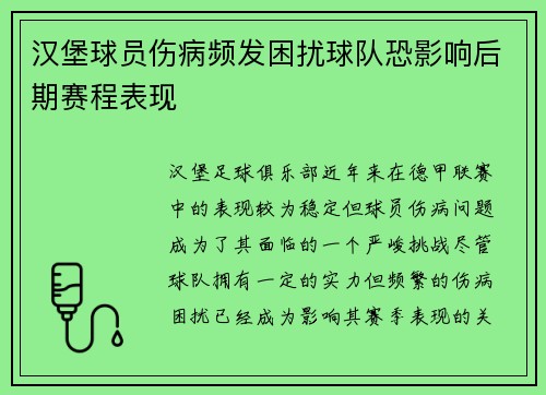 汉堡球员伤病频发困扰球队恐影响后期赛程表现