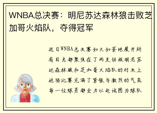 WNBA总决赛：明尼苏达森林狼击败芝加哥火焰队，夺得冠军