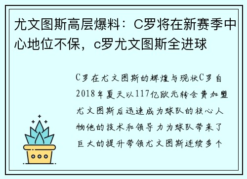 尤文图斯高层爆料：C罗将在新赛季中心地位不保，c罗尤文图斯全进球