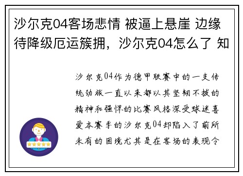沙尔克04客场悲情 被逼上悬崖 边缘待降级厄运簇拥，沙尔克04怎么了 知乎